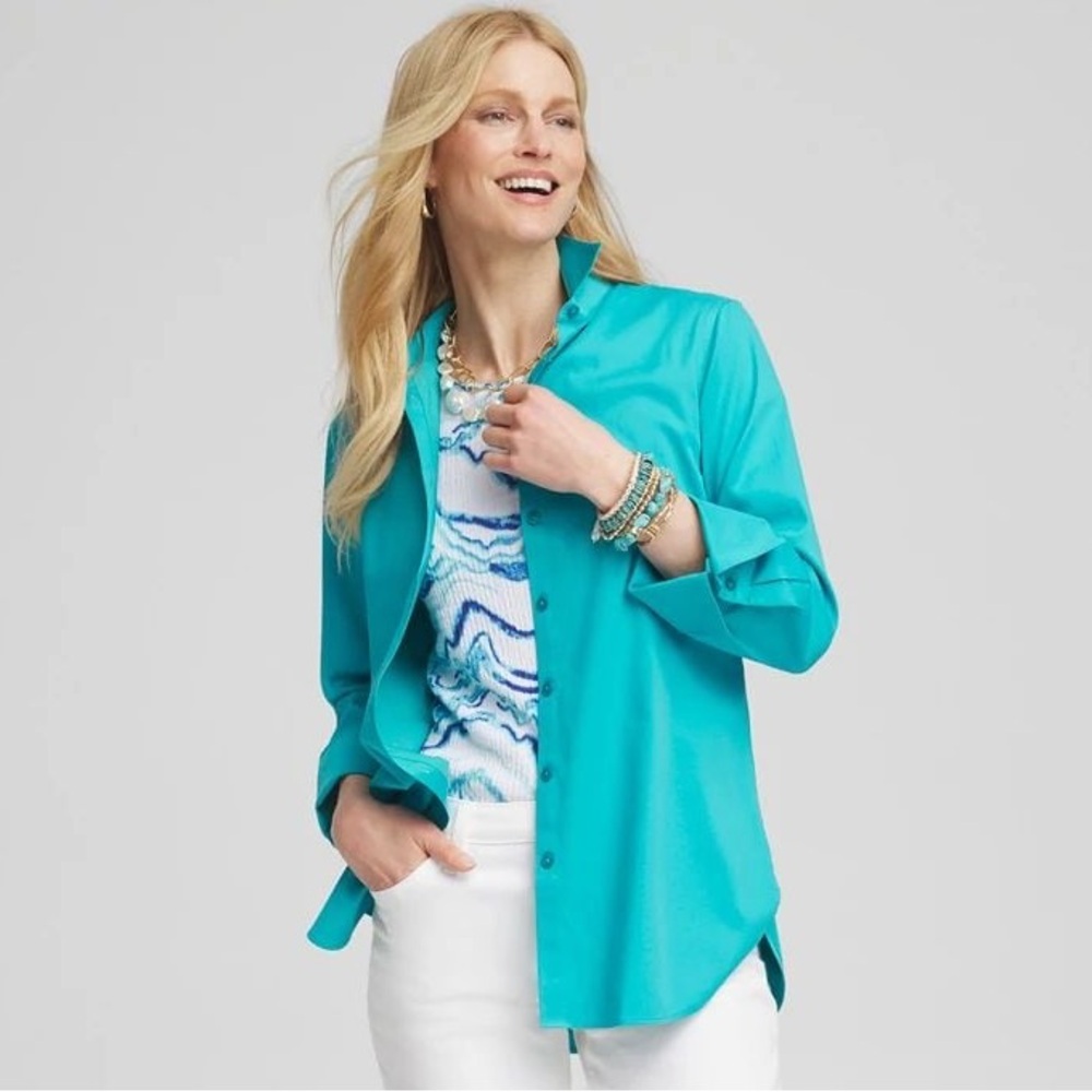 Chico’s NO IRON™ Stretch-Sateen Shirt in Seaspray - Picture 2 of 13
